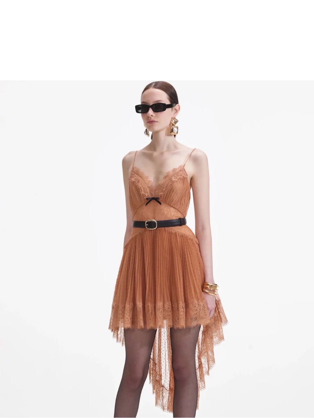 Self-Portrait Rust Lace-Trim High-Low Slip Dress